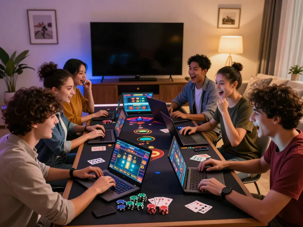 Friends enjoying a gaming night at home, exploring the uk online casino not on gamstop experience with excitement and engagement.