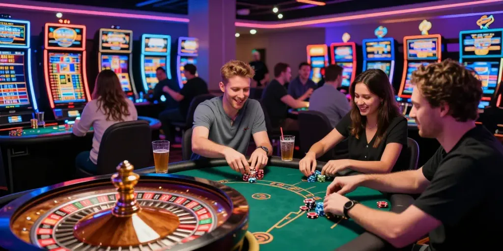 Engaging scene of players enjoying a UK online casino not on GamStop, highlighting thrilling gaming tables and vibrant atmosphere.