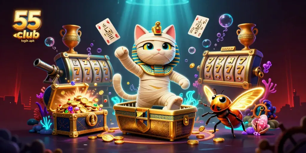 Engage in thrilling gameplay with the dynamic 55 club login apk, featuring an Egyptian mummy cat and vibrant casino elements.