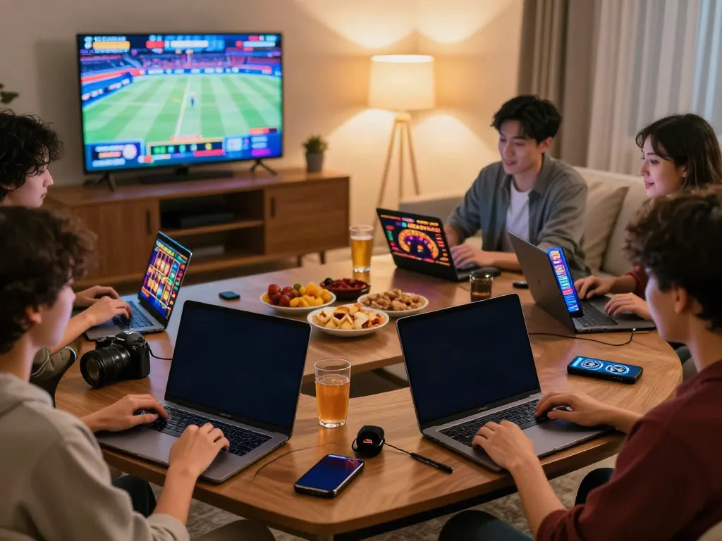 Engaging scene of friends playing at a uk online casino not on gamstop in a cozy atmosphere.