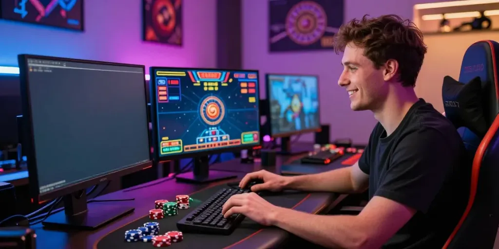 Engaged player at a uk online casino not on gamstop, vibrant gaming setup with colorful screen graphics