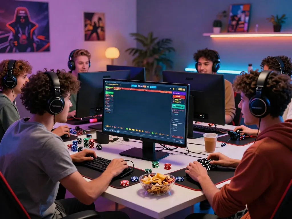 Engaging online casino scene featuring friends enjoying a game in a cozy setting, emphasizing the keyword uk online casino not on gamstop.