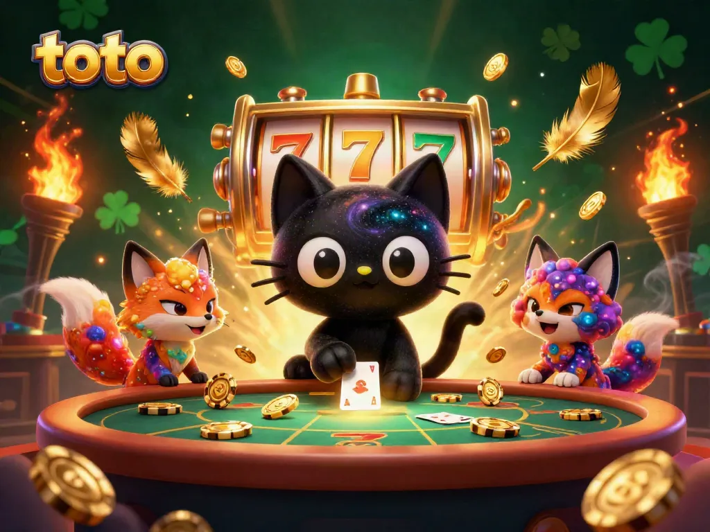 Toto-themed cosmic casino scene with a black hole cat and nebula fox, captivating gameplay.