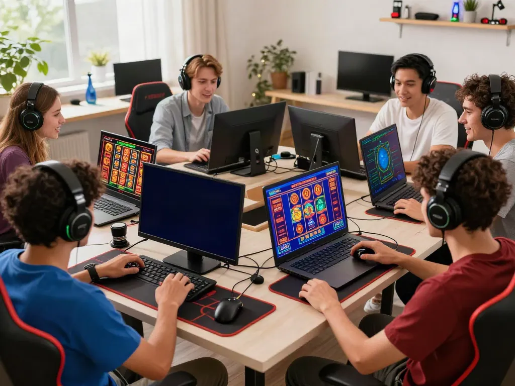 Exciting gaming environment showcasing friends playing at a uk online casino not on gamstop, vibrant atmosphere with festive decor.