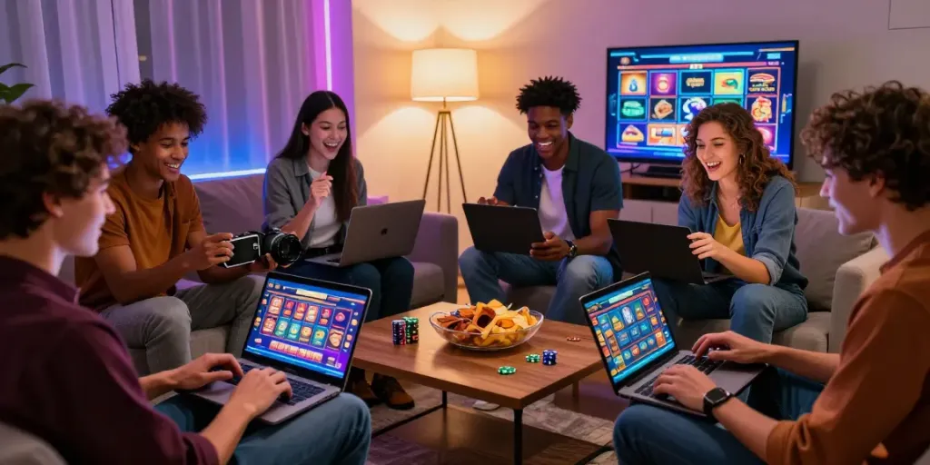 Friends enjoying uk online casino not on gamstop games in a lively living room.