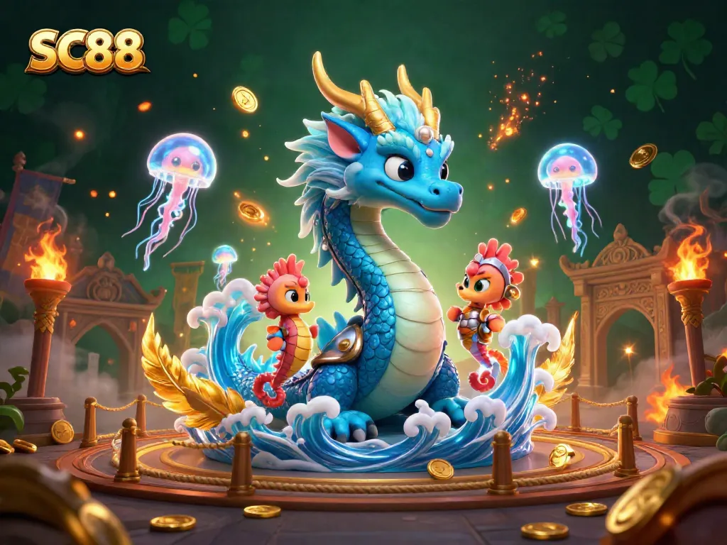 Engage in thrilling SC88 adventures with an azure dragon, seahorse knight, and glowing jellyfish.