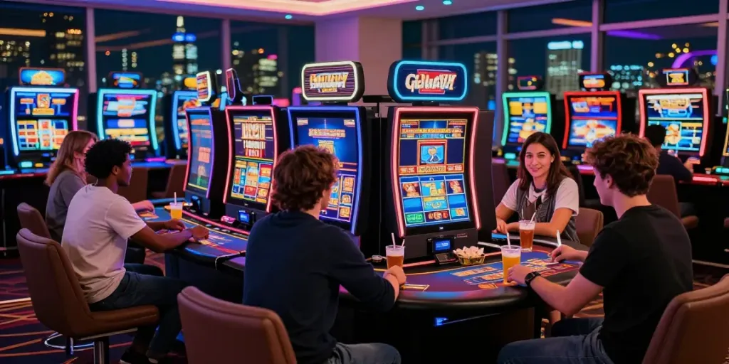Exciting gaming scene of players at a uk online casino not on gamstop with vibrant atmospheres.