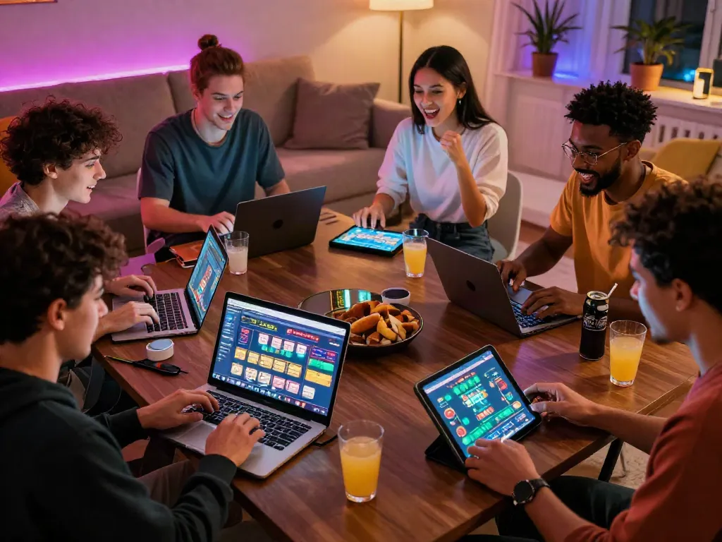 Friends enjoying a lively gaming night at a UK online casino not on GamStop with colorful lights and devices.