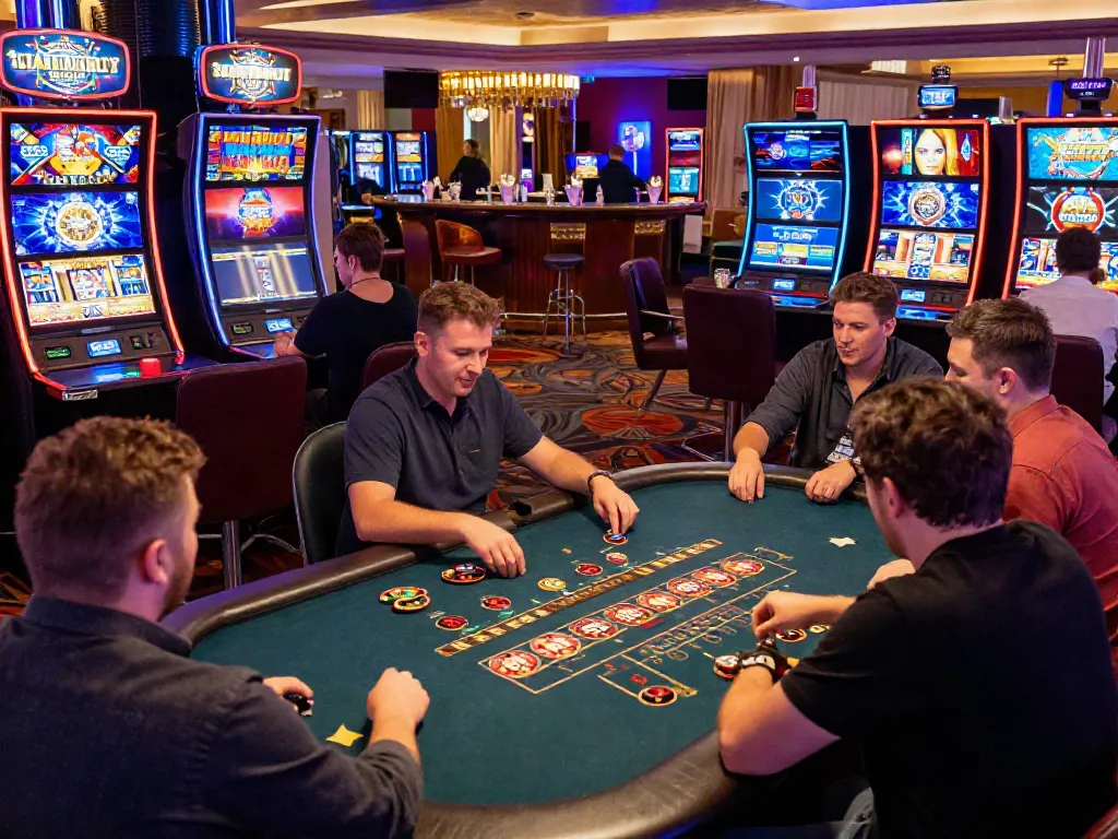 Exciting atmosphere at a UK online casino not on GamStop with players at gaming tables.