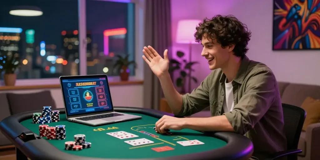 Player enjoying uk online casino not on gamstop at home with vibrant gaming atmosphere