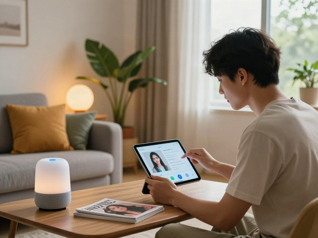 Engaging with an AI girlfriend app in a modern cozy setting.