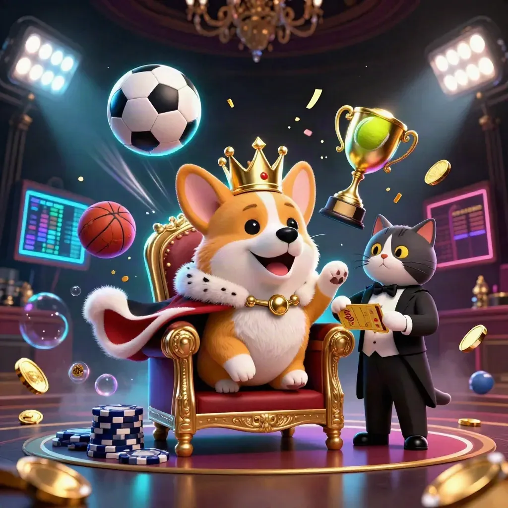 Royal corgi and cat butler amid flying balls, coins, trophy, lights, and casino glam.