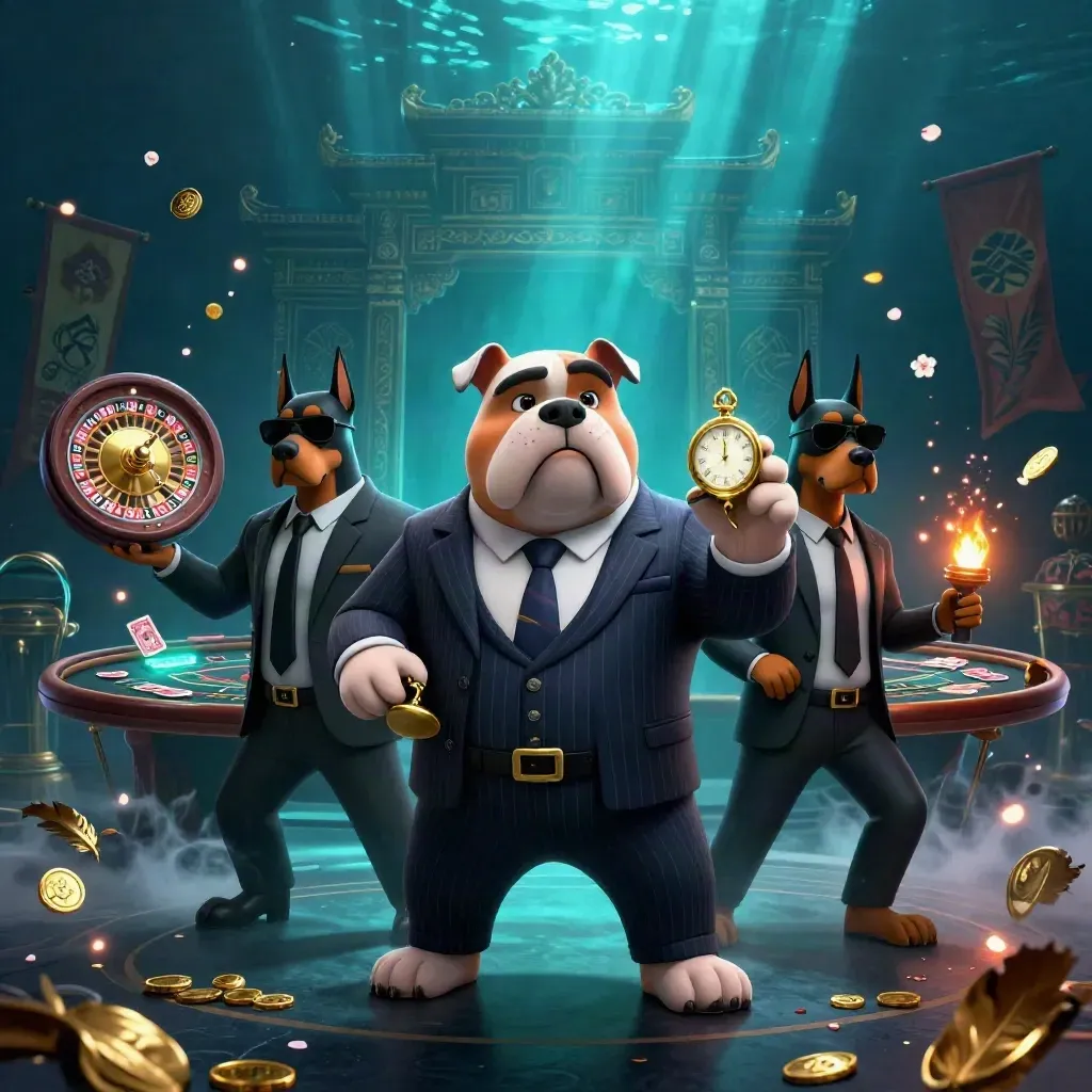 Bulldog mafia boss with two Dobermans amid roulette, cards, coins and neon casino magic.