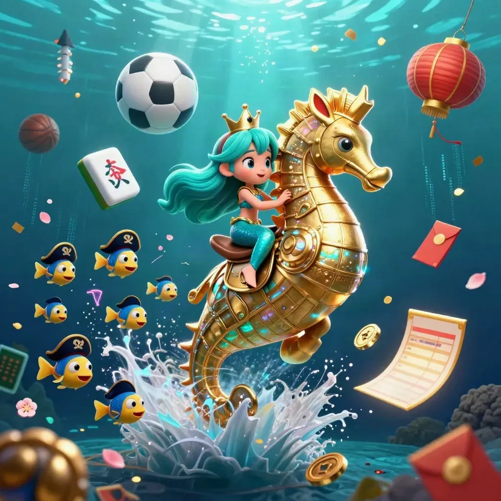 Mermaid princess on armored seahorse amid casino icons, balls, coins and neon underwater glow.