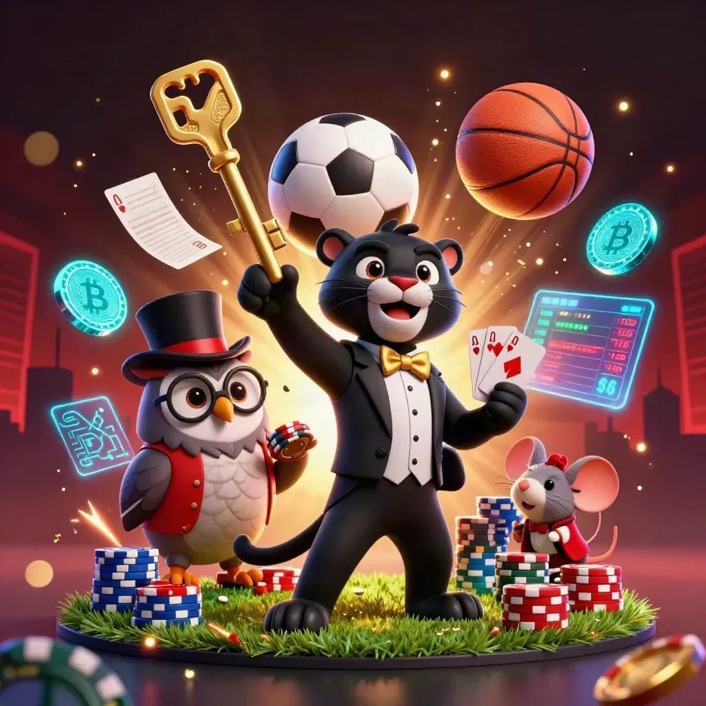 Cartoon panther, owl and mouse amid flying sports balls, chips and neon casino effects.