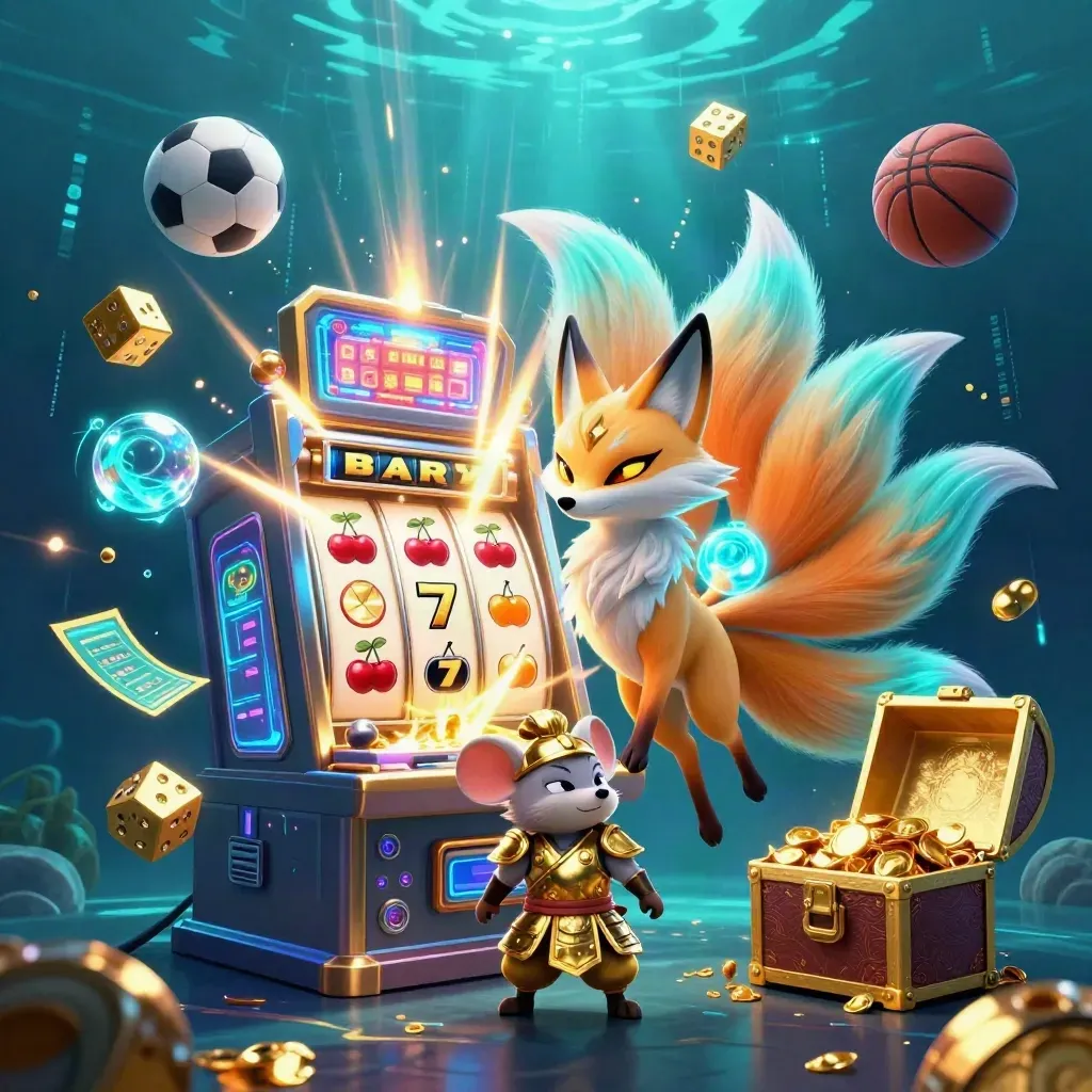 Neon fox spirit, samurai mouse, and exploding slot machine in premium casino key art.