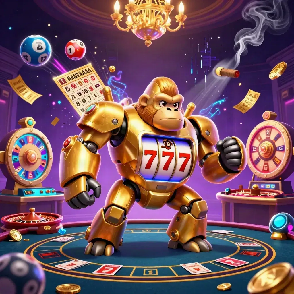 Golden gorilla mech with monkey pilot, casino props, neon energy, and a purple starfield.