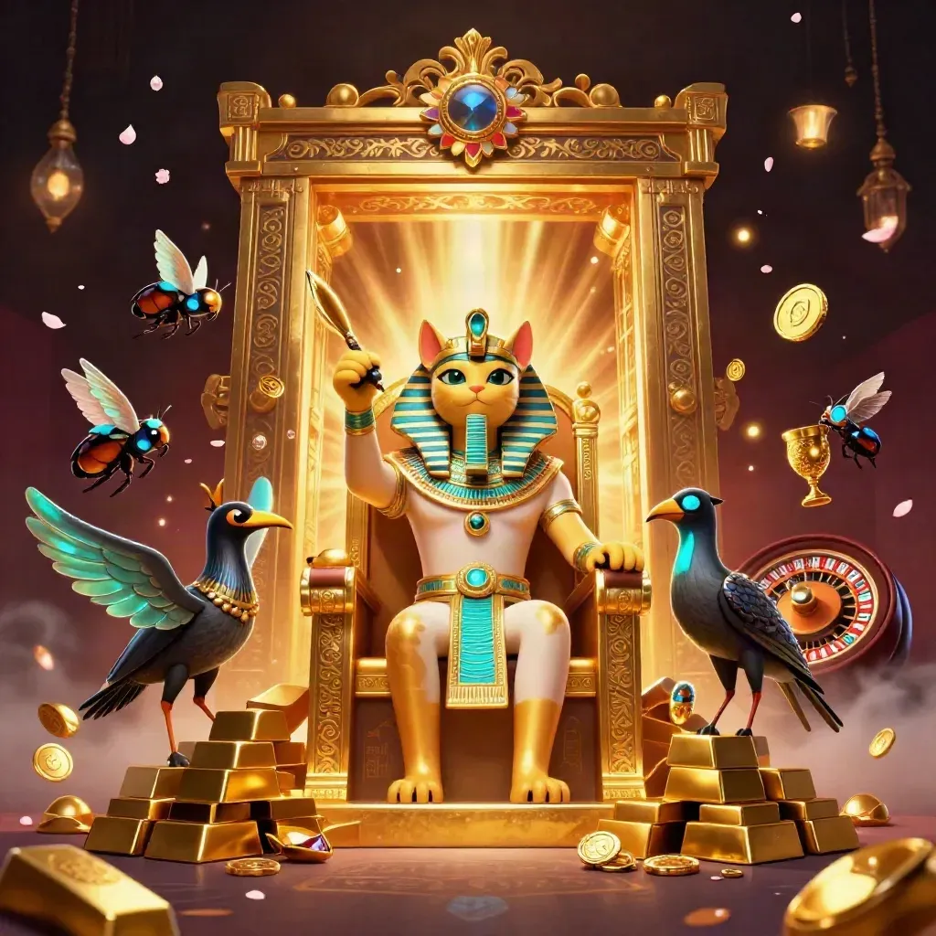 Pharaoh cat on a gold throne with ibis scribe, gem-wing scarabs, vault light and casino glow.