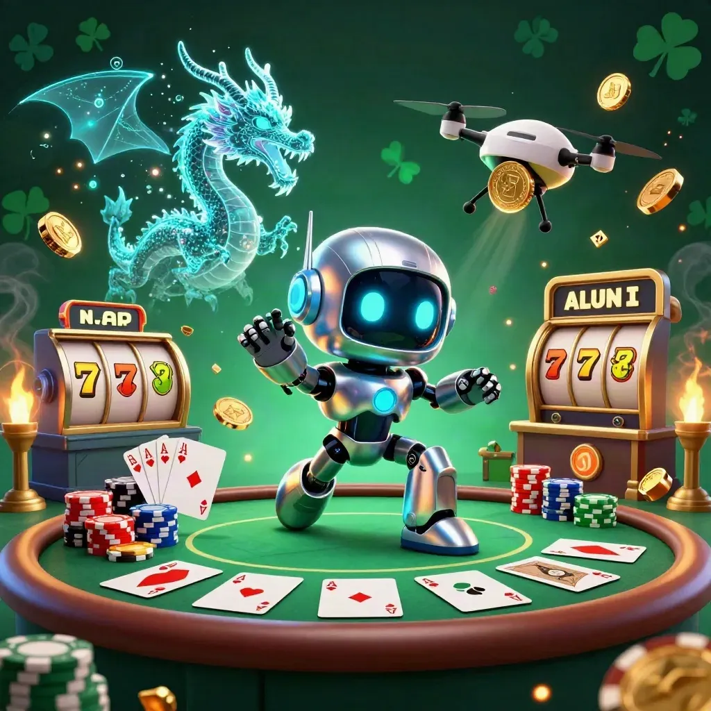 Cyberpunk robot, holographic dragon and coin drone burst through casino treasure, chips and cards.