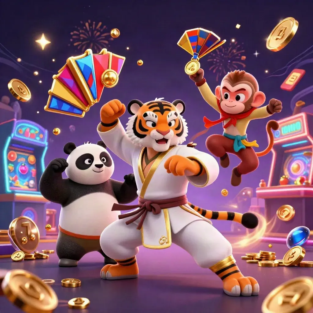 Kung-fu tiger, panda, and monkey amid casino bursts, coins, gems, roulette wheel, chips, and cyan glow.