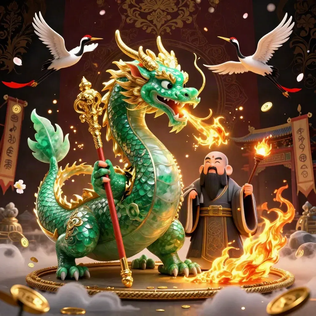 Emerald dragon, turtle sage, and cranes in cyan casino glow with gold fire and temple ruins.