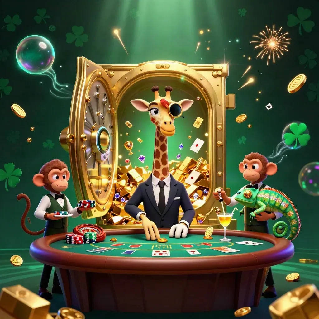 Giraffe, monkey, and chameleon celebrate a vault burst of gold and casino magic.