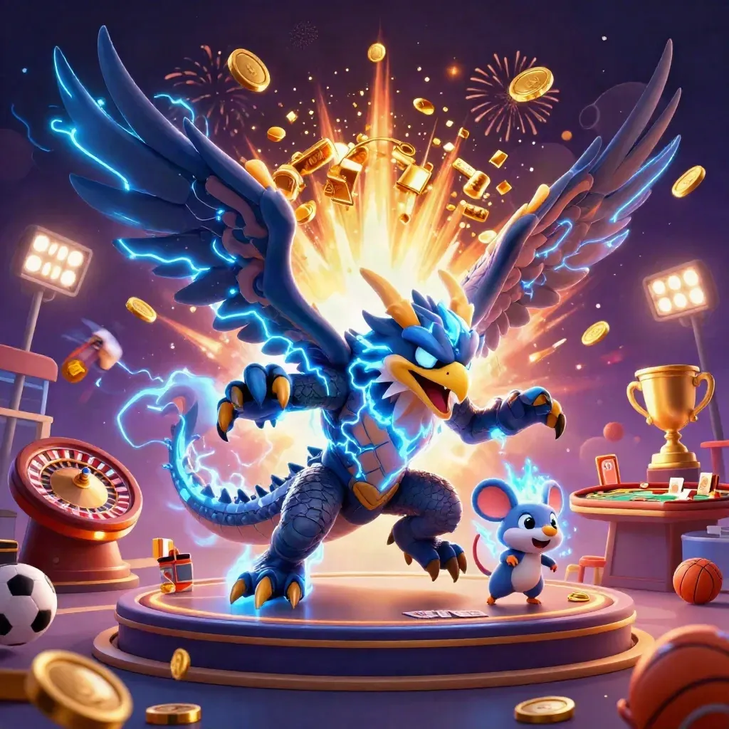 Thunder dragon, wind hawk and static mouse amid bursting coins, roulette wheel, cards and casino lights.