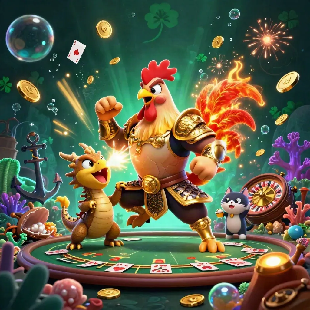 Rooster warrior, dragon hatchling, and fortune-cat amid coins, coral, and casino glow.