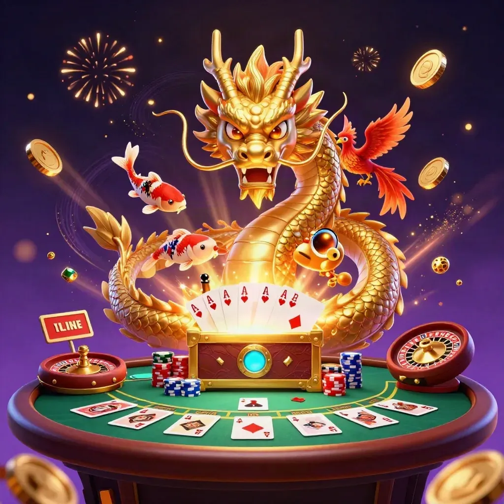 Golden dragon with phoenix, koi, poker chips, coins, and casino lights in a purple starfield.