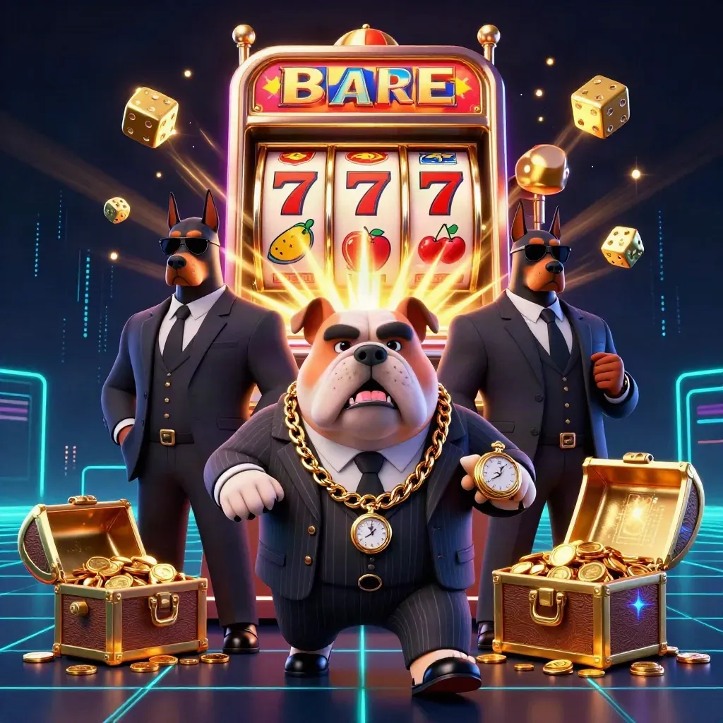 Bulldog boss and Doberman bodyguards amid exploding slot machine gold and neon effects