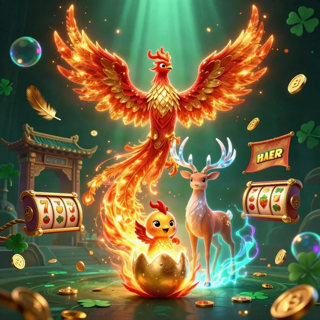 Phoenix, baby phoenix, and crystal stag amid coins, reels, and temple glow.