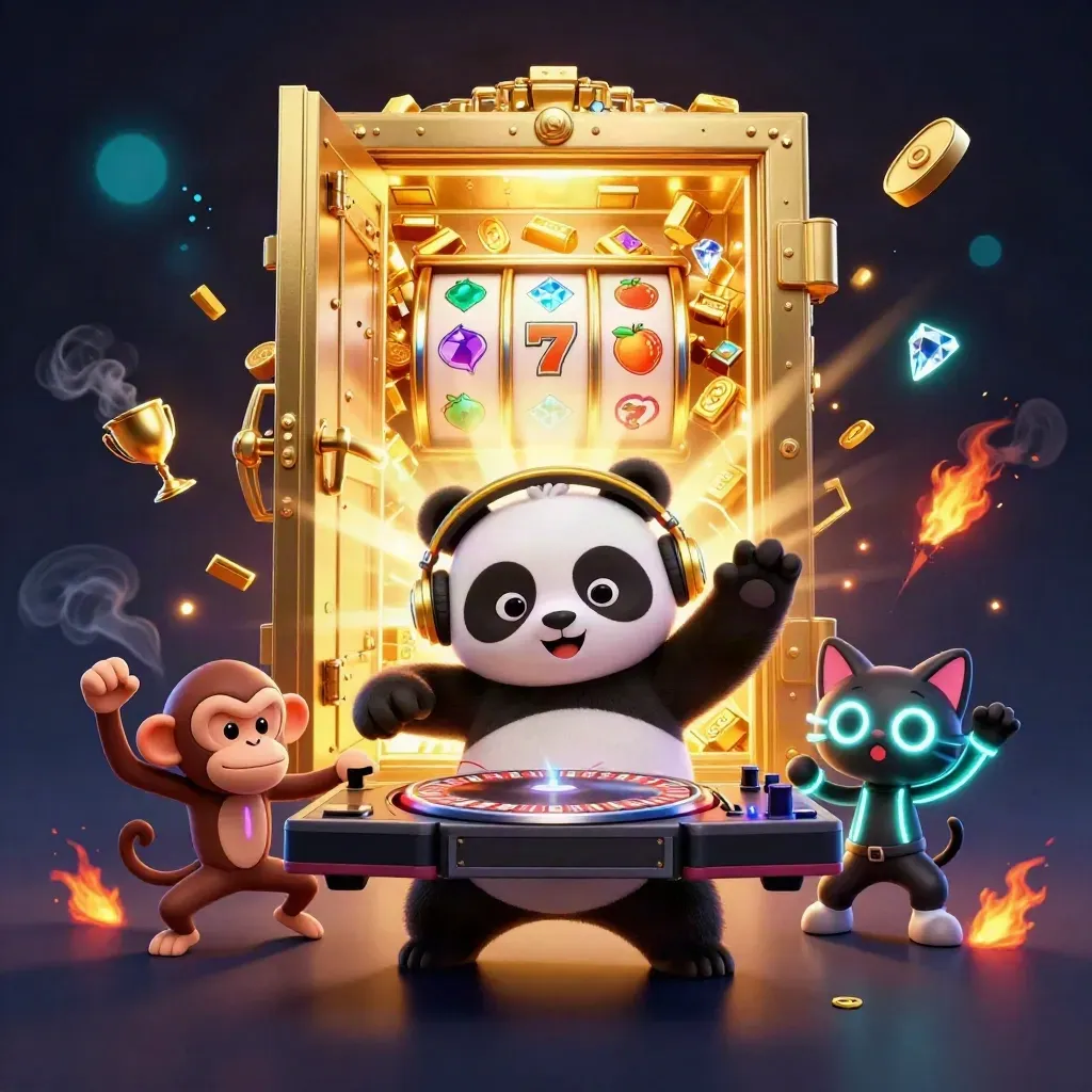 DJ panda, breakdancing monkey and glow-stick kitten burst from a golden vault amid casino loot.