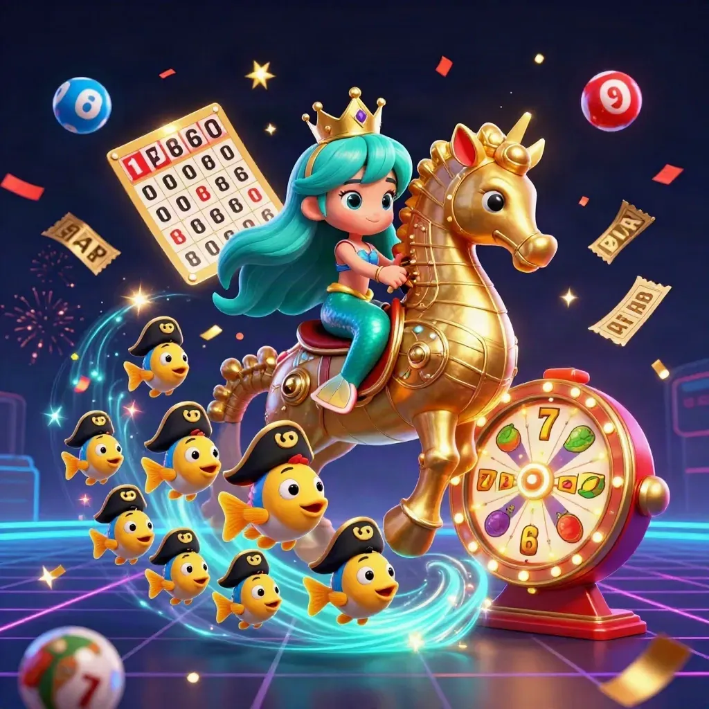 Mermaid princess on golden seahorse amid casino symbols, confetti, fireworks, and neon glow