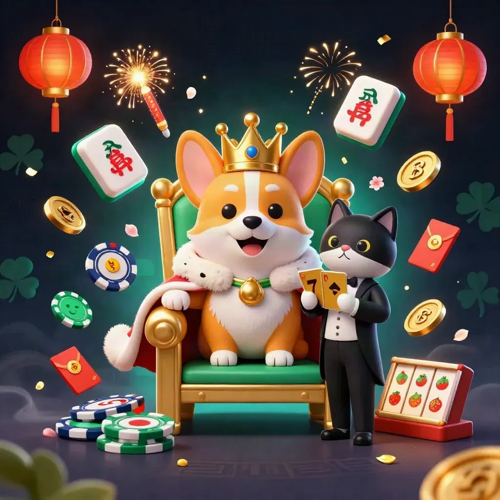 Royal corgi and cat butler amid casino bursts, cyan-gold glow, chip throne