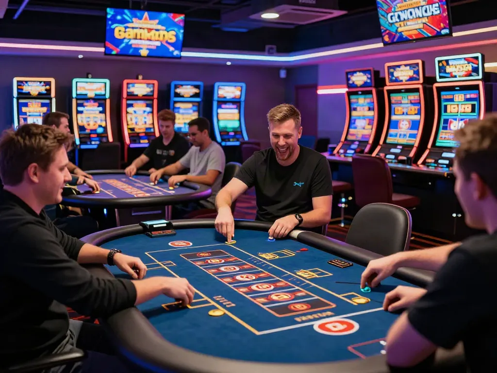 UK online casino not on GamStop with players at gaming tables and bright neon lights.