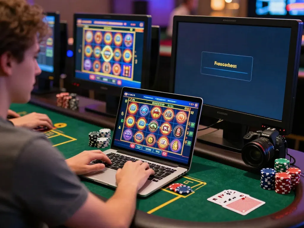 Engaged player at a uk online casino not on gamstop with vibrant games and poker chips.