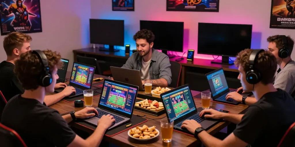 Friends enjoying games at an online casino not on Gamstop, showcasing lively atmosphere and modern gaming setup.