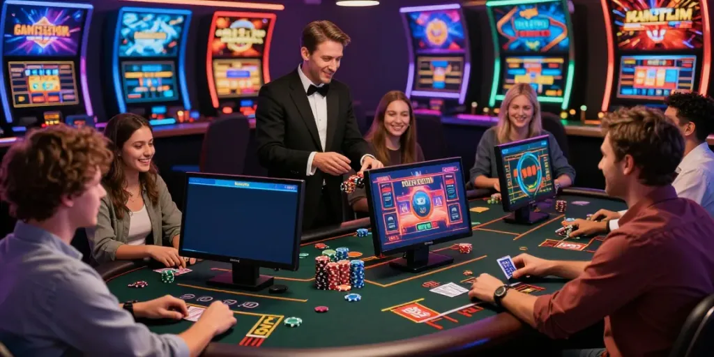 Players enjoying a vibrant online casino experience not on Gamstop, showcasing diverse games and a lively atmosphere.