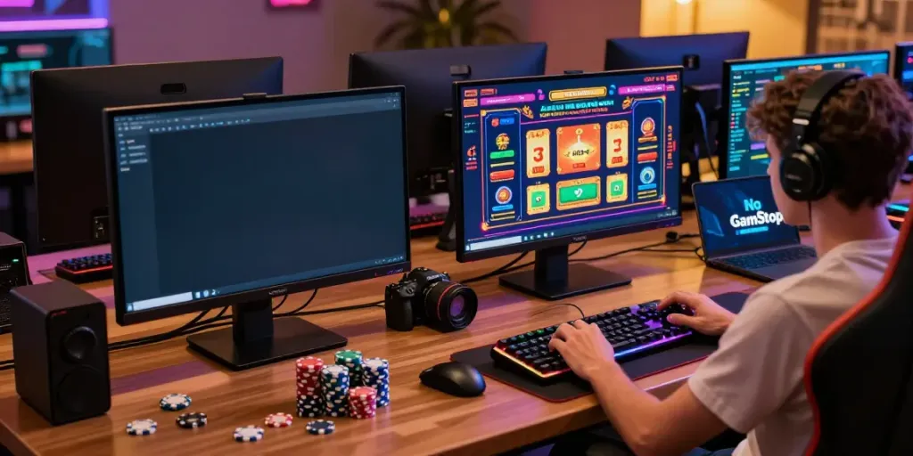 Engaging gaming scene highlighting an online casino not on GamStop gaming setup with vibrant screens and thrilling atmosphere.