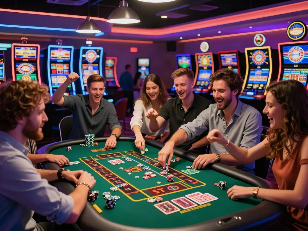 uk online casino not on gamstop friends celebrating big win at colorful casino table