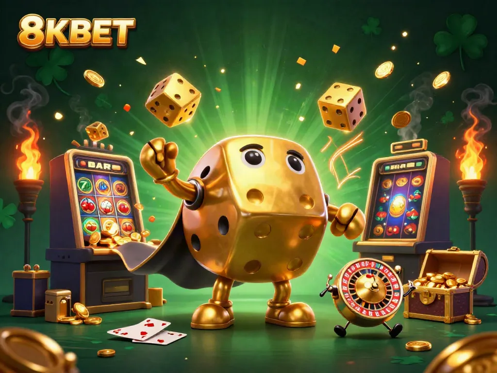 Trải nghiệm game sôi động tại 8KBET với hình ảnh sôi động của xúc xắc vàng và máy slot.