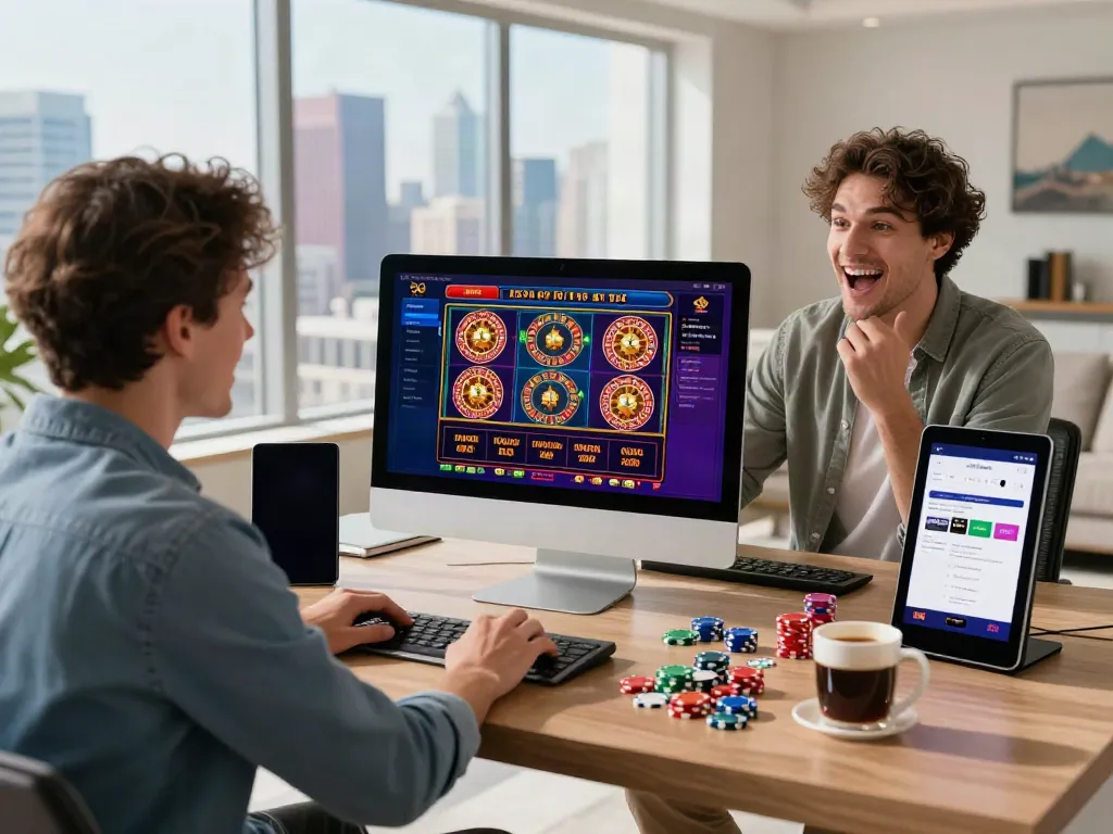Excited player accessing a UK online casino not on Gamstop in a modern home office with gaming elements.