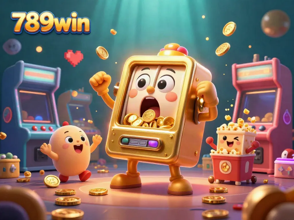 Experience the thrill of winning with the golden slot machine at 789win, surrounded by cheering companions and vibrant game elements.