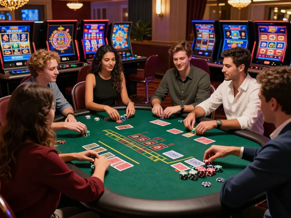 Exciting gaming scene at a uk online casino not on gamstop with friends enjoying blackjack and roulette.