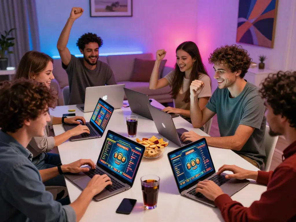Friends enjoying a lively session at a uk online casino not on gamstop, celebrating wins together.