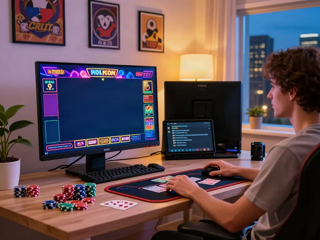 Exciting gaming scene at a UK online casino not on GamStop, featuring a player enjoying virtual slots.