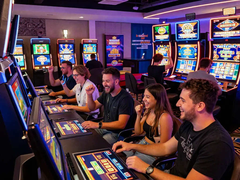 Engaged players enjoying a lively session at a UK online casino not on Gamstop, showcasing excitement in a modern gaming lounge.