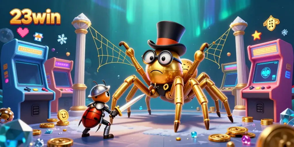 Join the adventure with 23win, a golden tarantula weaving a web in a vibrant casino.