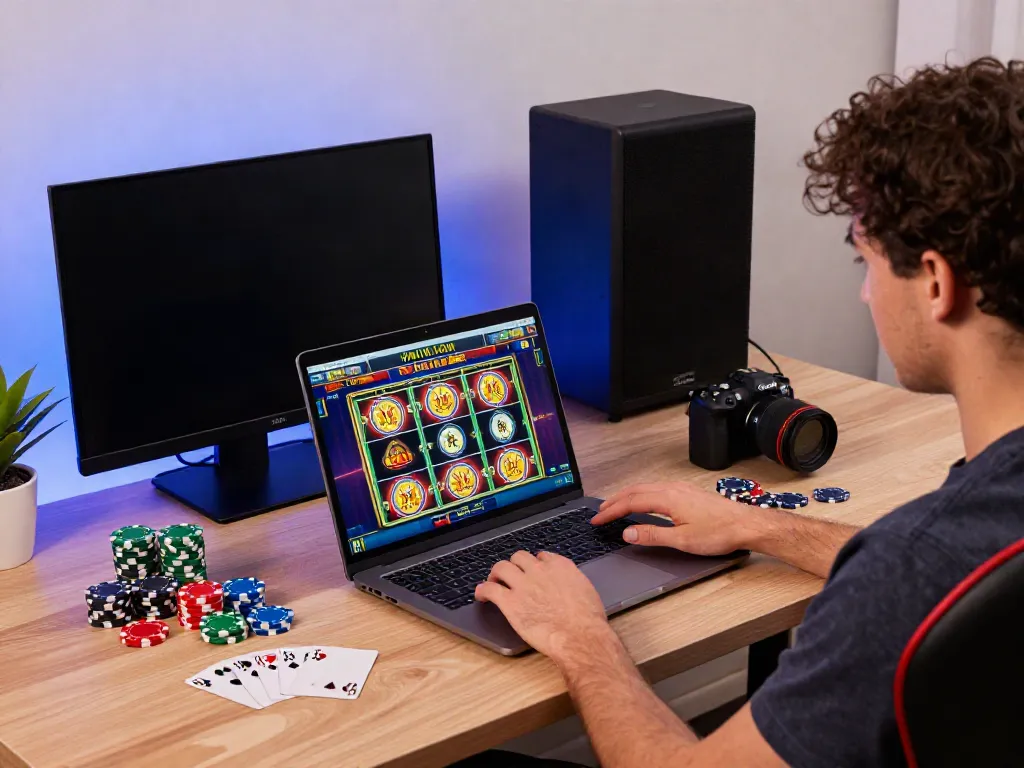 Exciting gaming scene featuring a player using a laptop for online casino games not on GamStop.
