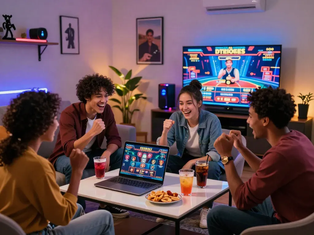 Friends enjoying an engaging gaming session at home, exploring uk online casino not on gamstop.